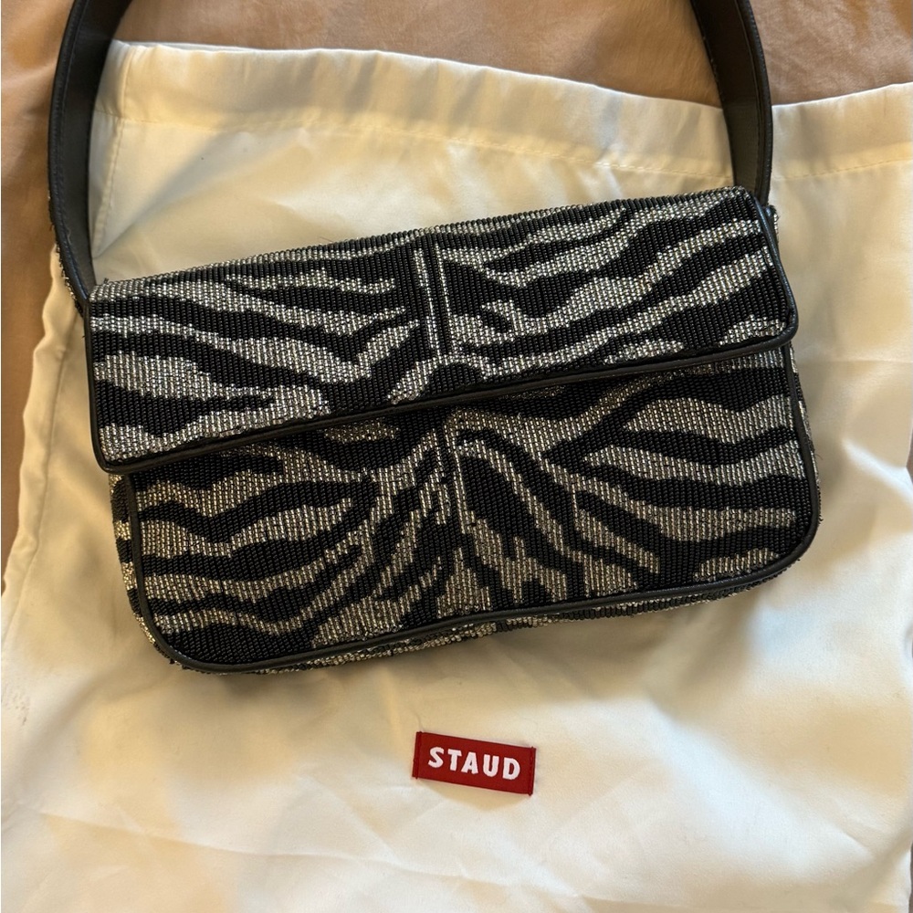 STAUD Zebra Pattern Shoulder Bag in Black and White